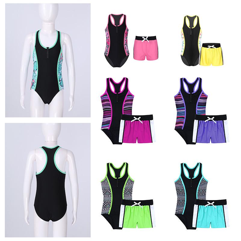 IEFiEL 2 2 stuks kindermeisjes badpak ronde hals mouwloos racerback jumpsuit met elastische taille boyshorts set 15-16 Years warm roze kleur