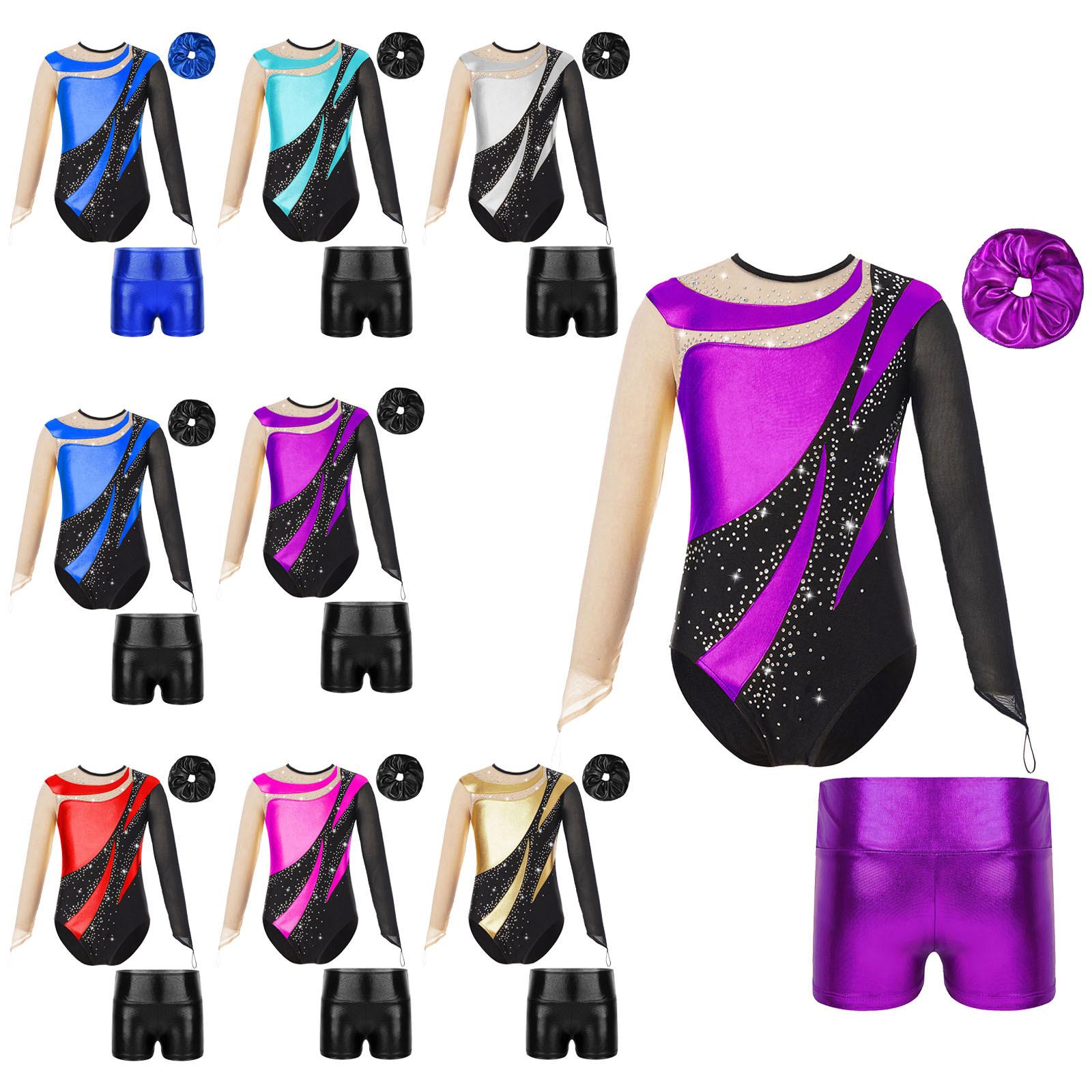 Sywiyi Gymnastiek Leotard voor Meisjes Lange Mouw Dans Unitards met Shorts Haarband Biketards Activewear 7-8 Years goud/zwart