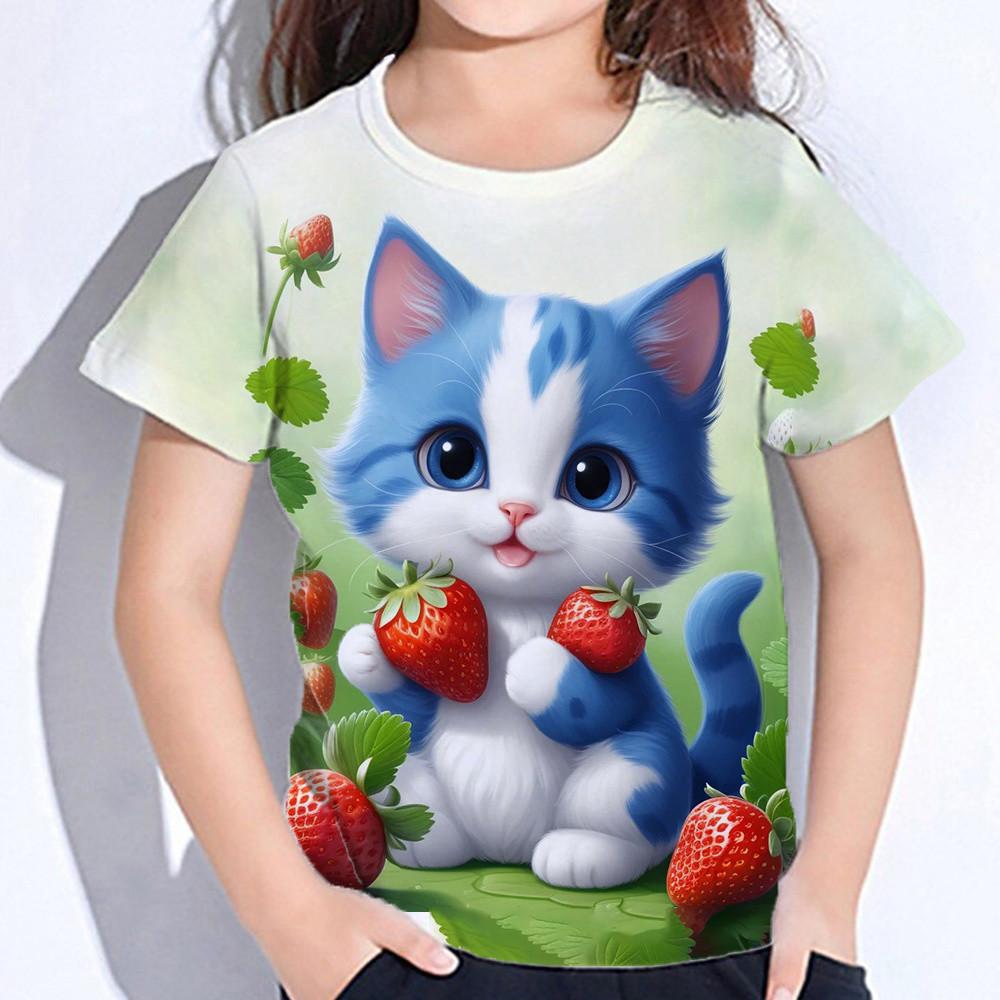 ETST WENDY 05 Tops voor kinderen korte mouwen zomer kat T-shirts meisjes kinderkleding 3d print T-shirts Koreaanse kawaii T-shirts van 10-14 jaar 160
