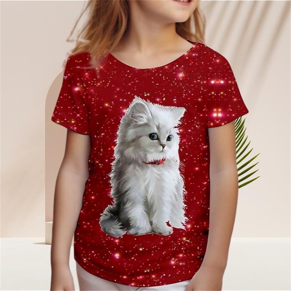 ETST WENDY 012 Kinderen Meisjes T-shirt Gradiënt Pailletten Kawaii Kat Korte Mouw O-hals Pyjama voor Kinderen Kleding Meisjes van 2 tot 7 Jaar T-shirt Top 160CM