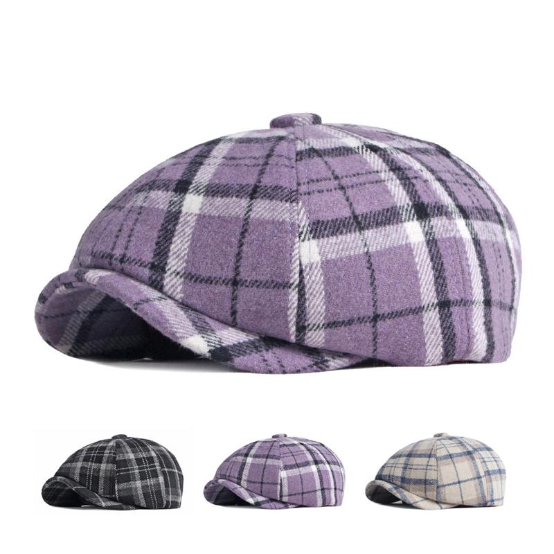 ONIHUA Herfst Winter Plaid Achthoekige Hoed Vrouwen Vintage Hoed Krantenverkoper Hoed voor Mannen Wollen Baret Gatsby Schilders Hoeden Gorro Hombre Boina paars