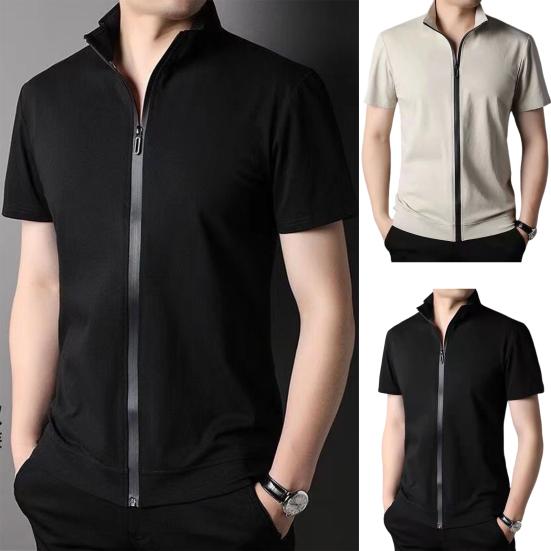 Western Cool Men Heren Zomer Shirt Cardigan Ritssluiting Opstaande Kraag Effen Kleur Slim Fit Rekbaar Goed Ademend Casual Dagelijks L zwart