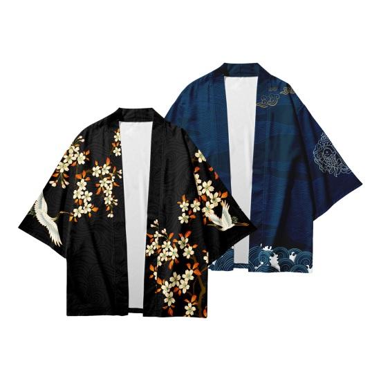 PLUM LAI Herenoverhemd Japanse stijl Traditionele kimono Kwartmouw Print Cardigan Vogel Drie Losse dunne middellange dagelijkse topjas M blauw