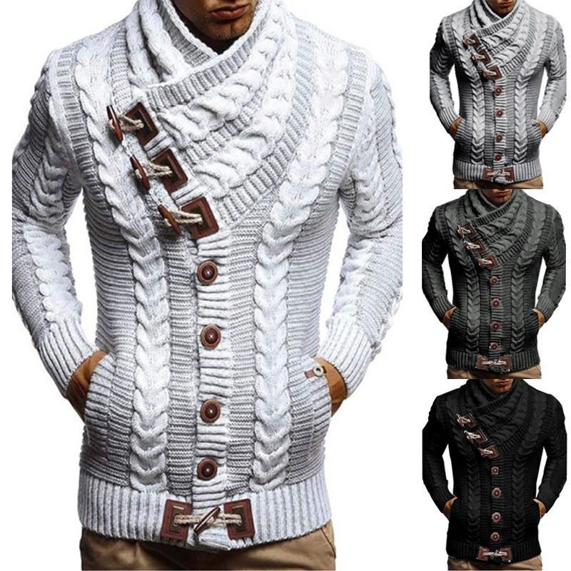 CHARM CLOTHINGS Europese, Amerikaanse herfst- en winterkleding voor heren Coltrui Knoop Hoornknoop Leren knoop Trui Gebreide herenvest Op kleding XL lichtgrijze kleur