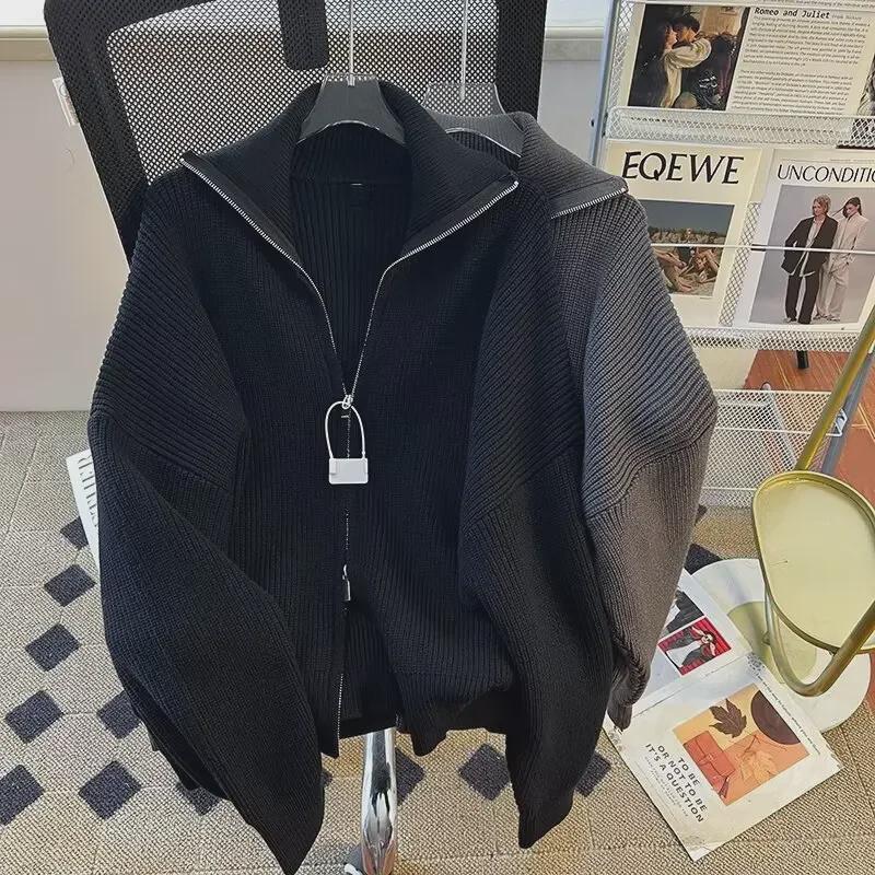 VantaGoods Dikke cardigan trui in retro Hong Kong-stijl voor heren - Casual rits revers voor herfst/winter M donkergrijze kleur