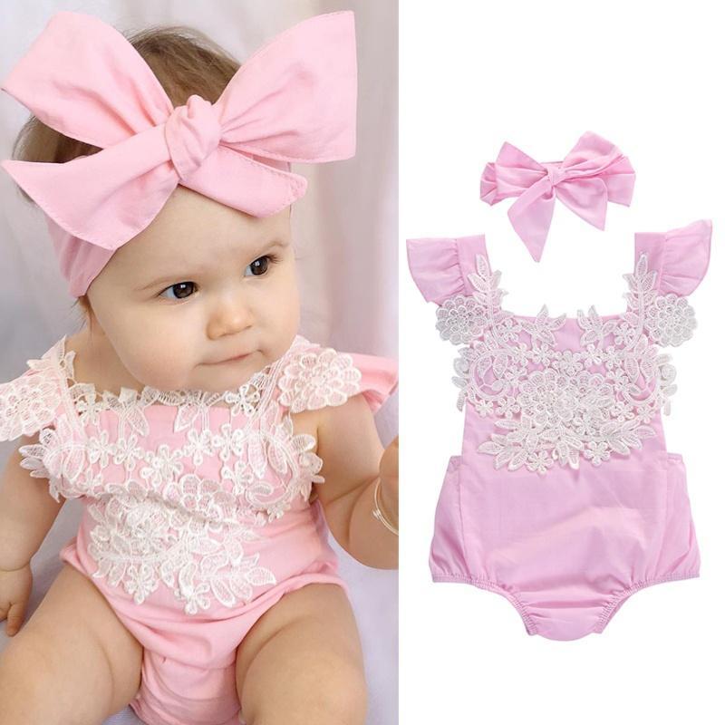 ZHAO FAN-Electronic 0-18M Roze Baby Meisjes Kant Bloemen Romper Jumpsuit Outfits Zonnepak Kleding 3-6 Months wit