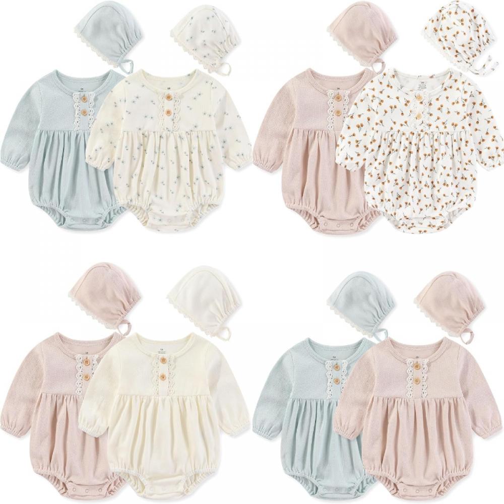 KIDDIEZOOM Baby Schattig Mode Meisje Baby jumpsuit+Muts Katoen Zacht Pasgeboren Set 0-2 Jaar Oud 6M
