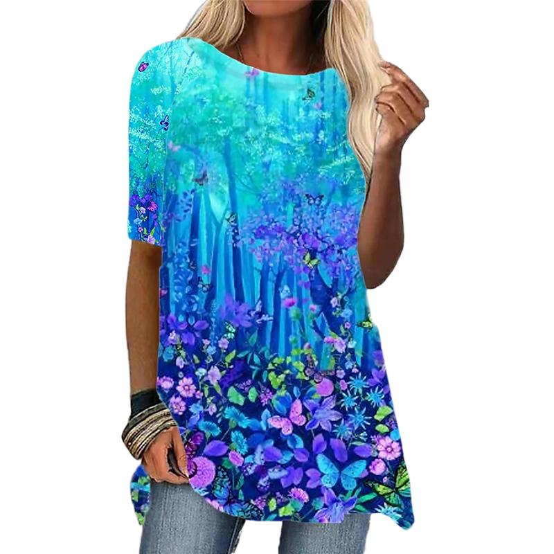 ETST WENDY 09 Dames T-shirt Groen Blauw Rood T-shirt met korte mouwen Bloemenverloopprint Top Herfst Zomer Ronde hals Casual mode Top L