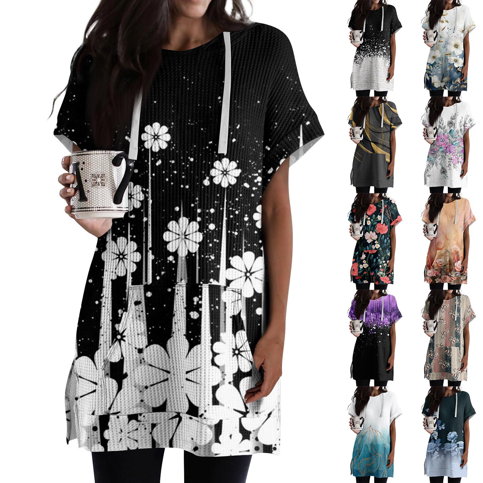 Linglong Losse shirts voor dames, bedrukt, korte mouwen, trekkoord, hoodies, gebreide tuniek met zijsplit, capuchontops met zak S roze