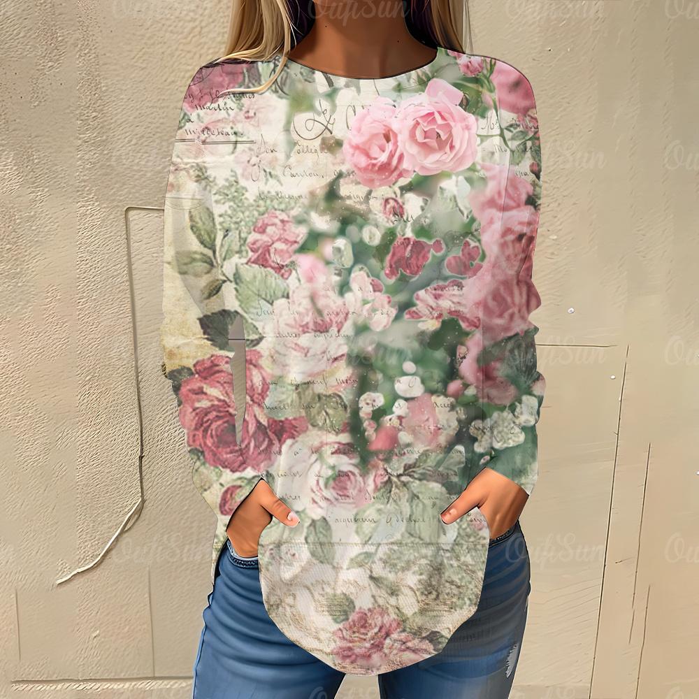 ETST 013 Vintage dames T-shirts Retro bloemenprint herfst straat lange mouwen T-shirt Y2K dameskleding Casual losse tops trui XL