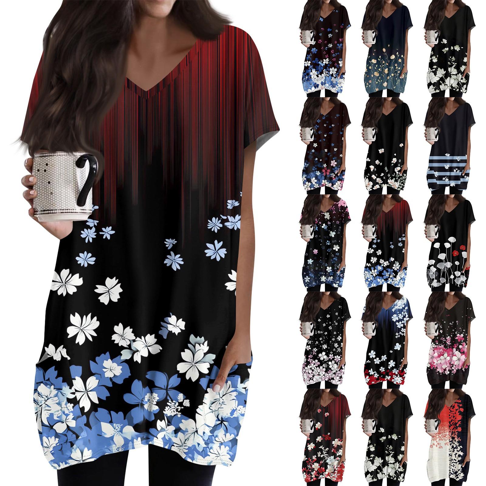 Hong Hollyland Dames Tops V-hals Korte Mouw Blouses Casual Mid-length Shirts Mode Print Tuniek Tops Met Zakken S wit