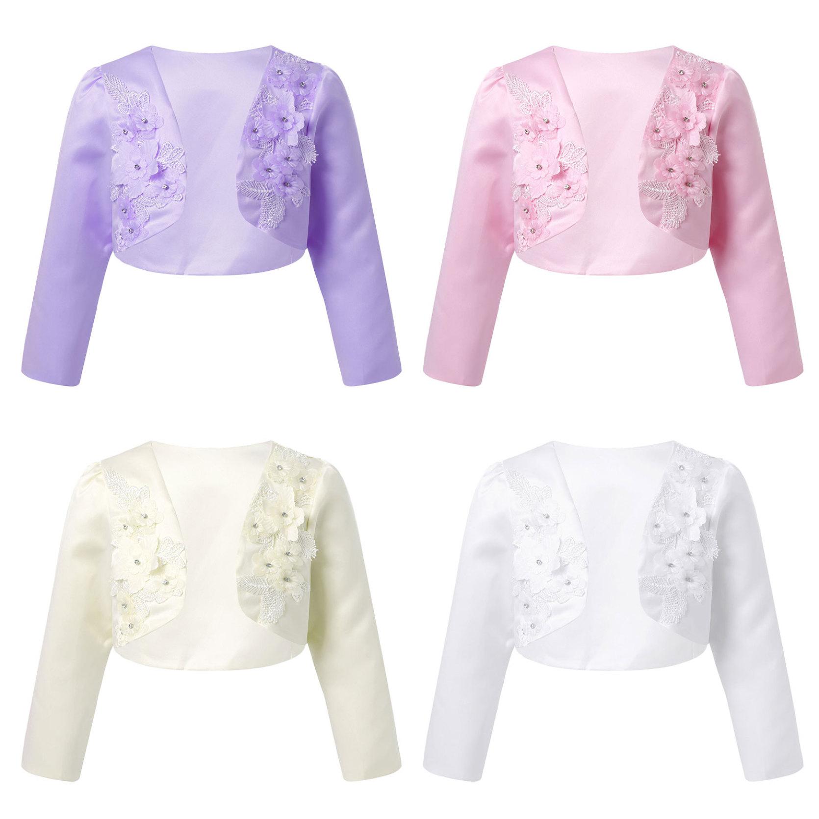 IEFiEL Kids Meisjes Lange Mouw 3D Bloem Applique Bolero Bruiloft Prinses Cover Up Bolero Vest 6-7 Years wit
