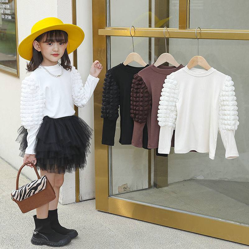 Happy f D Meisjes dieptepunt shirt nieuwe lange mouwen tees kind meisje bladerdeeg mouw T-shirt lente herfst kinderen ronde kraag tops 8T(140) wit
