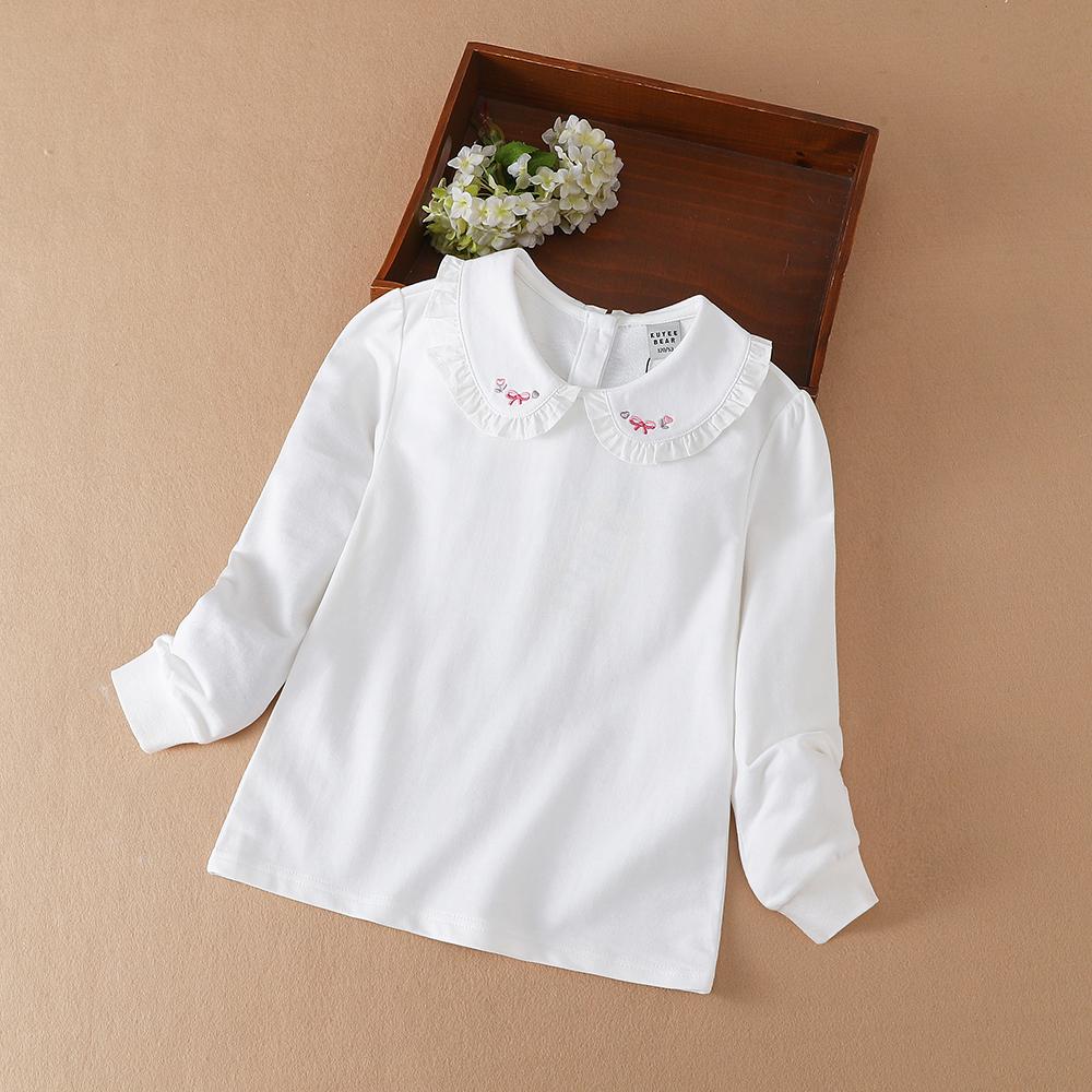 Kuyeebear Dunne basis-T-shirt voor meisjes met geborduurde poppenkraag voor lente- en herfst-kinderpolo-katoenen kleding 140 wit