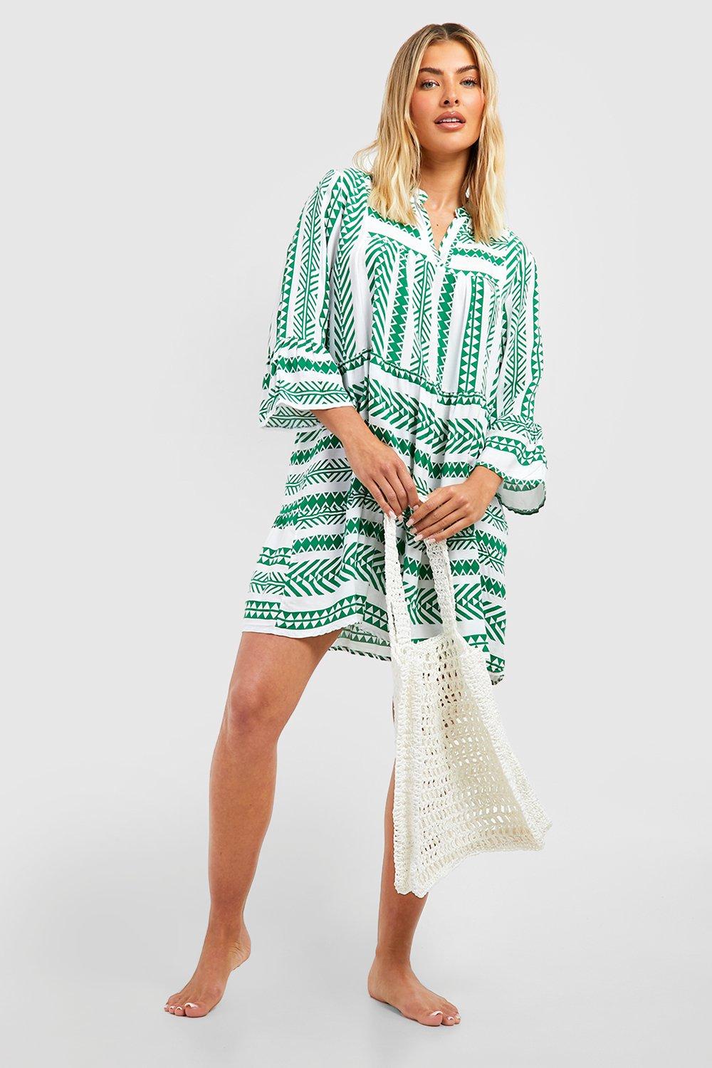 Boohoo Loshangende Strand Kaftan Jurk Met Print En Laagjes, Green