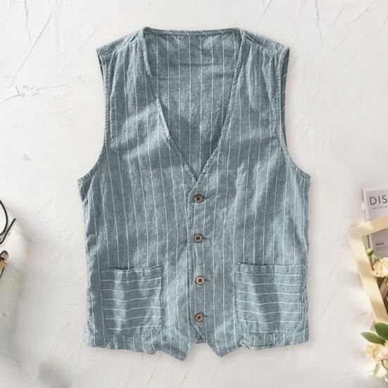 PLUM LAI Britse Stijl Heren Gilet V-hals Kraagloos Gestreept Print met Vestjas Mouwloos Zakken Enkelrijs Vest L marineblauwe kleur