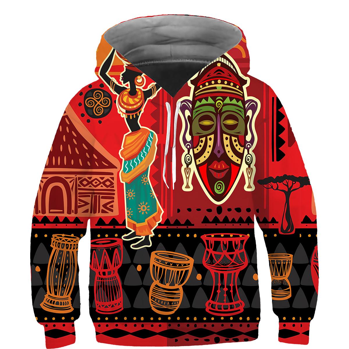 ETST WENDY 011 Kinderen grappige Afrikaanse kleurrijke patroon bedrukte hoodie etnische primitieve tribale stijl hooded sweatshirt jongens meisjes mode sudaderas 150