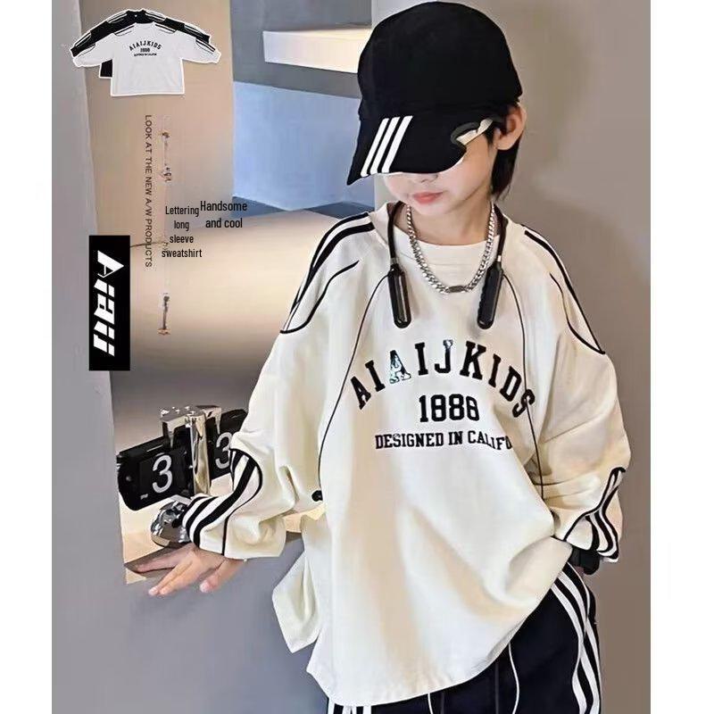 VantaGoods Trendy merk sporttrui voor jongens: 2023 Winter Gestreepte Letter Tops, Losse Pasvorm voor Oudere Kinderen, Straatstijl 120 cm zwart