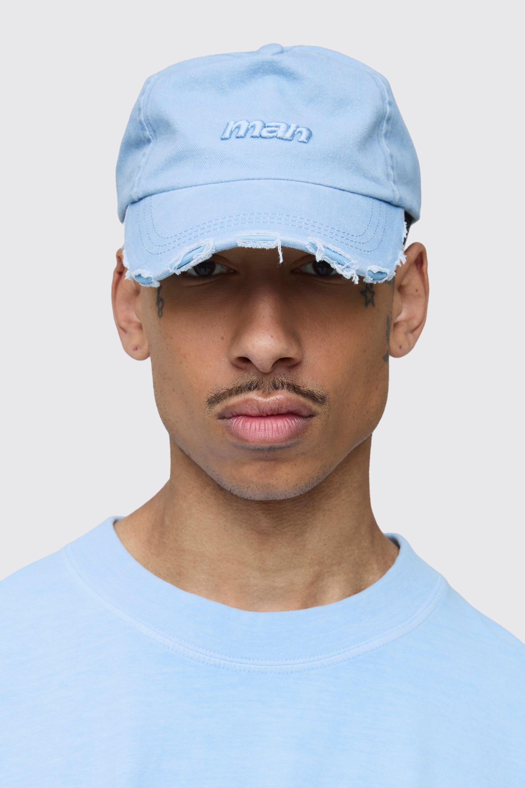 Boohoo Man Signature Gerafelde Pet, Denim-Blue