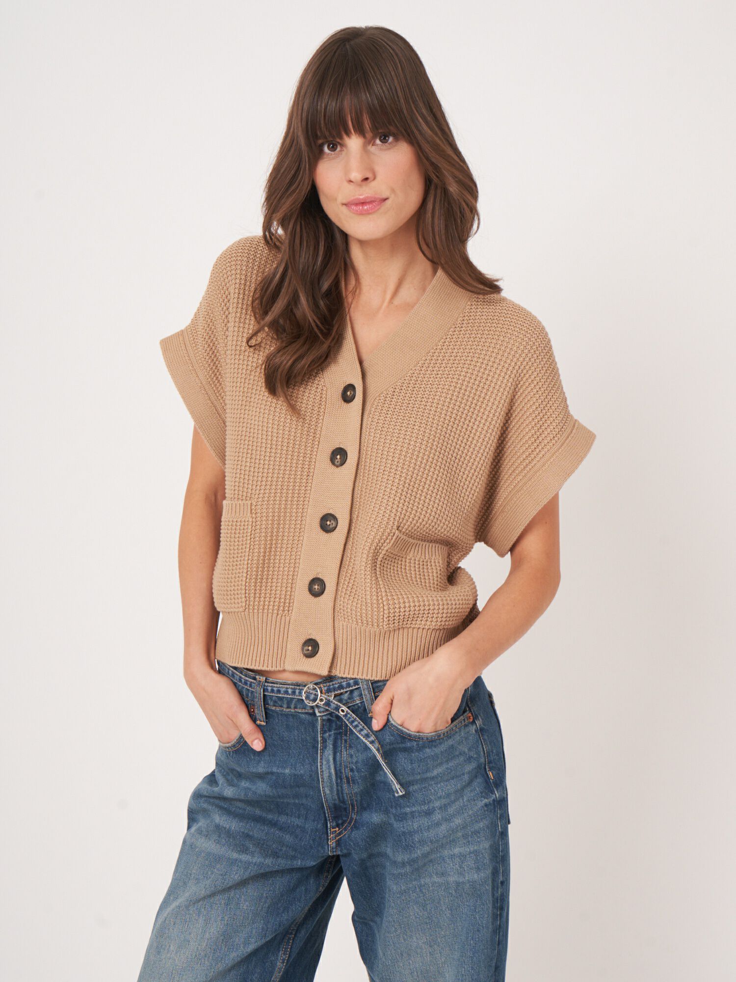 REPEAT cashmere Oversized gebreid gilet met zakken