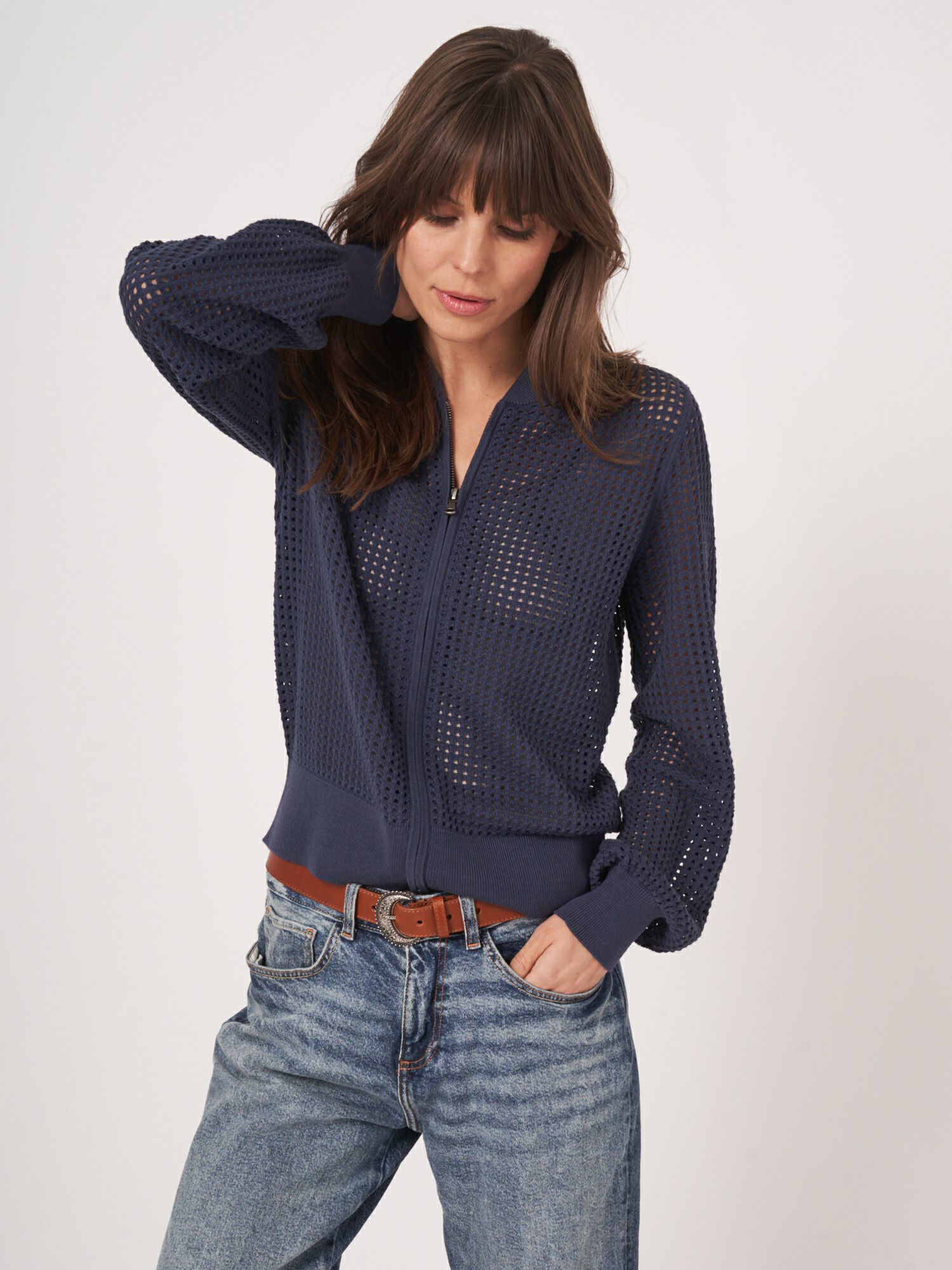 REPEAT cashmere Ajour vest met baseball-kraag en rits