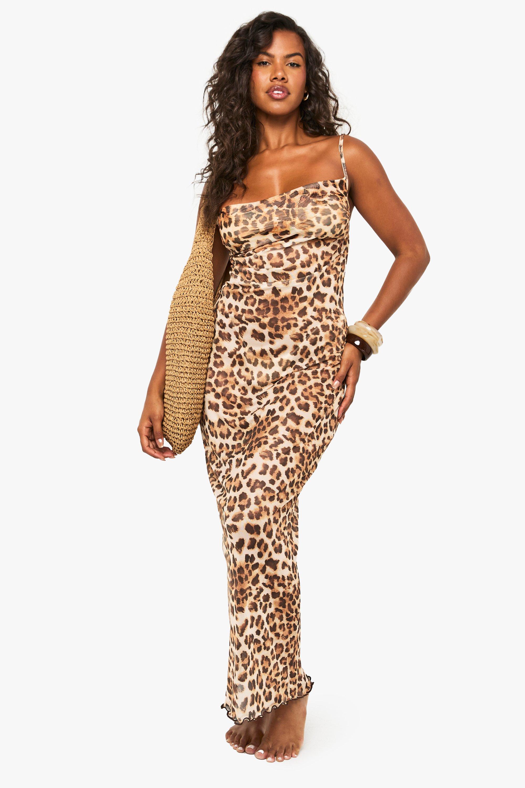 Boohoo Leopard Cowl Neck Maxi Beach Dress, Brown