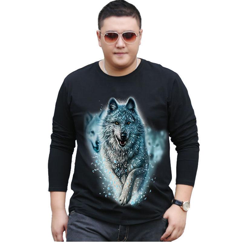 ETST WENDY 005 3D trend dier wolf print herfst mannen lange mouwen T-shirt ronde hals losse plus vet big size vet dieptepunt shirt kleding S-6X L