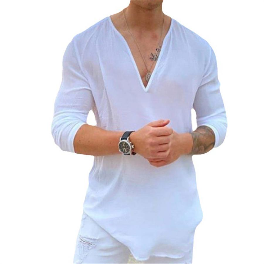 HerSight Herfst Heren Effen Kleur Katoen Linnen Tops Losse V-hals Lange Mouw Heren 3XL kaki