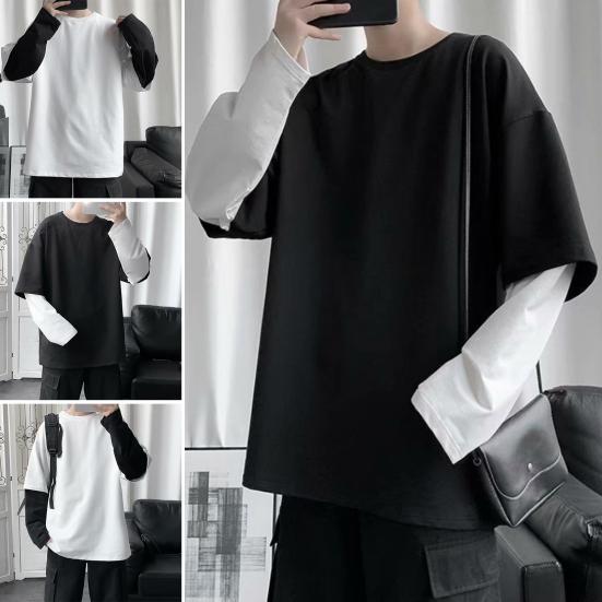 Tianhangyuan Heren T-shirt Nep Tweedelig Ronde Hals Lange Mouw Contrasterende Kleur Pullover Lente Losse Patchwork Onderkant Shirt Streetwear M zwart