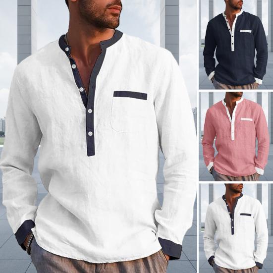 Yunzhu Heren Herfst Lente Overhemd Kleuraanpassing Henley Kraag Slim Fit Trui Lange mouw Casual Zacht Middenlengte Woon-werkverkeer Dagelijks T-shirt Top XL roze
