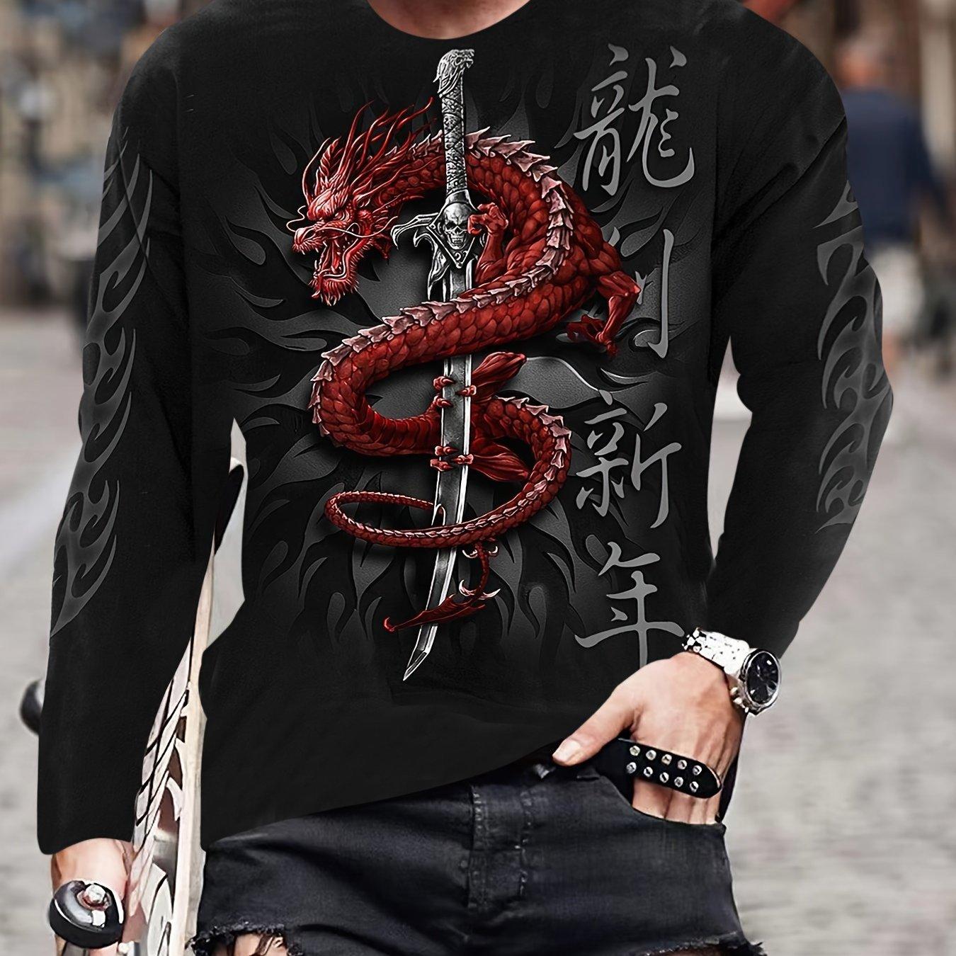 Bobby 2 Rood T-shirt voor heren met lange mouwen en ronde hals, Dragon & Sword-patroon, lente herfst 6XL