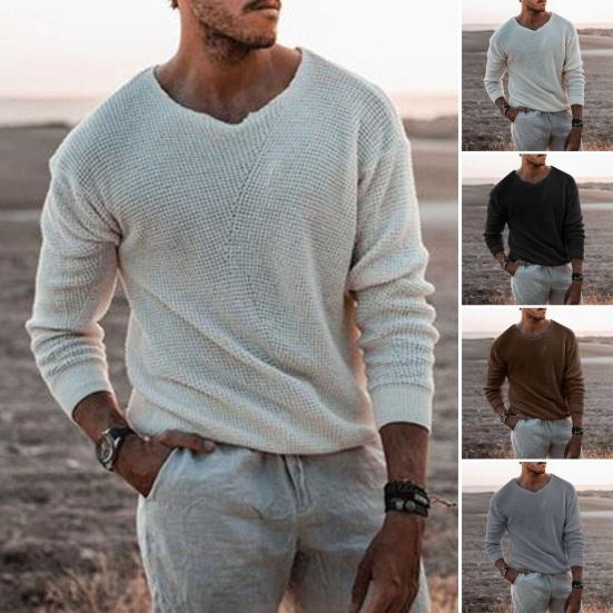 Western Cool Men Herfst Winter Heren Trui Gebreid Effen Kleur Rekbaar Los Hoge Elastiek Lange Mouwen V Hals Trui M grijs