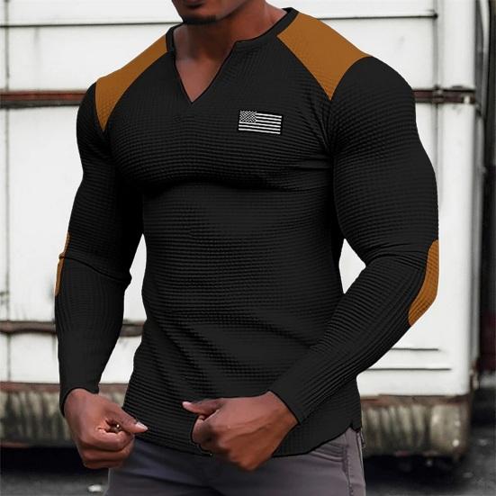 DILLER Herfst Lente Heren Top Kleuraanpassing Slim Fit Zacht Casual Lange Mouwen Patchwork Wafeltextuur V-hals Elastisch Halflange Heren Top M zwart