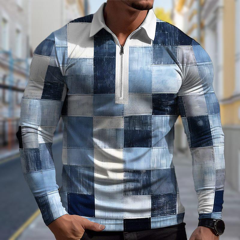 3D Fashion Design Clothing Poloshirts Heren Lange Mouw Verloop Ruitprint Nieuw Heren Poloshirt Lange Mouw Rits T-shirt Top 4XL oranje