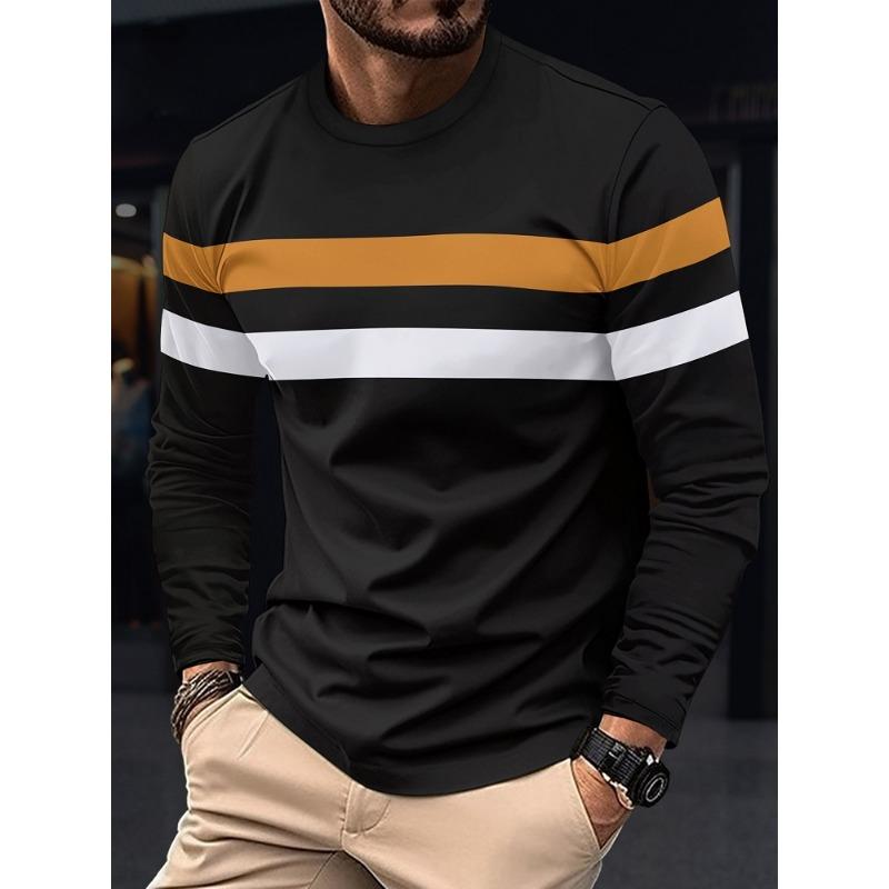 ETST 007 Lente en herfst heren T-shirt met lange mouwen Ronde hals Onderkant Top Kleurblok Veelzijdig Slim Fit Comfortabel XL