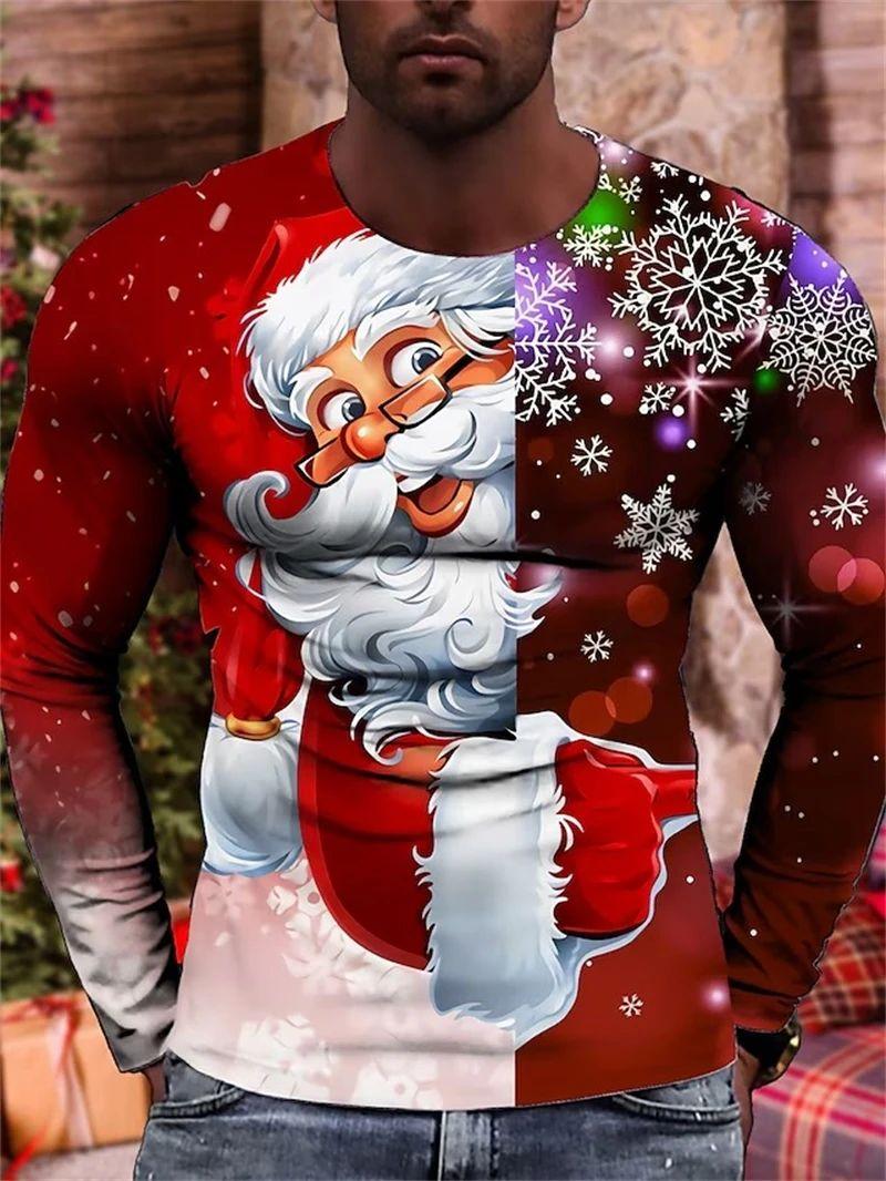 Xuhaijian02 Nieuwe lente- en herfstmode voor heren, interessant Nieuwjaar Santa 3D-geprinte lange mouwen ronde hals plus size losse ademende top 6XL