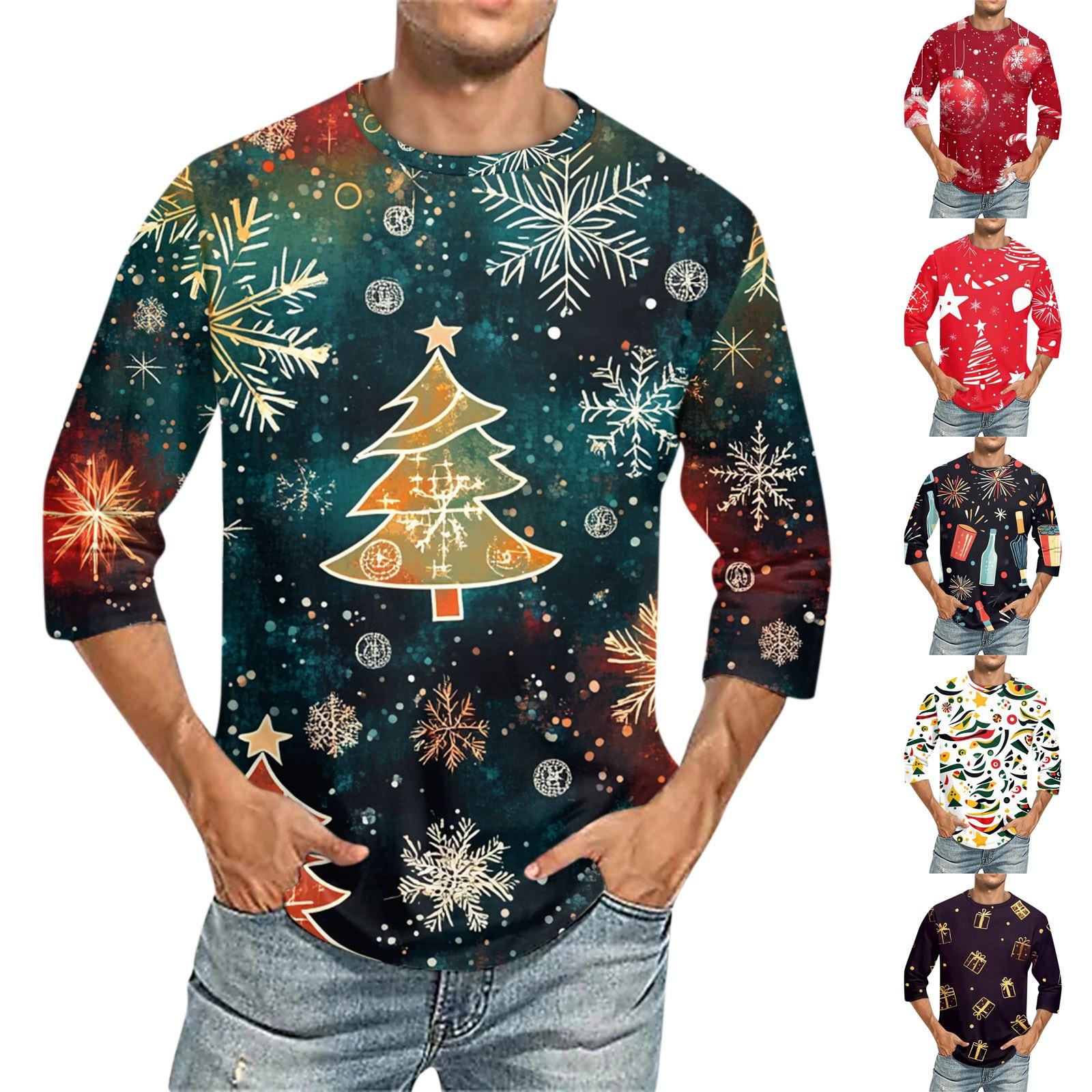 Ximalaya Men's Christmas print Round Neck Three Quarter Sleeve Top T-shirt XXL rood