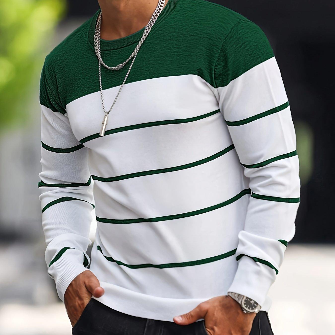 ETST 07 Klassieke gestreepte gebreide trui voor heren - zachte, medium stretchstof, ronde hals, lange mouwen, ribgebreide details, casual lente- en herfstuitjes 5XL