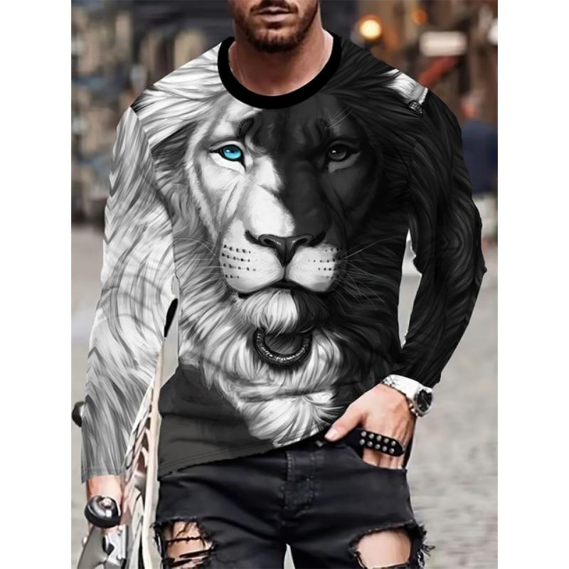 ETST 007 Zwart-wit leeuwenprint T-shirt met lange mouwen Lente Herfst Heren Dagelijks Casual Top met lange mouwen Straatmode Top met lange mouwen 2XL