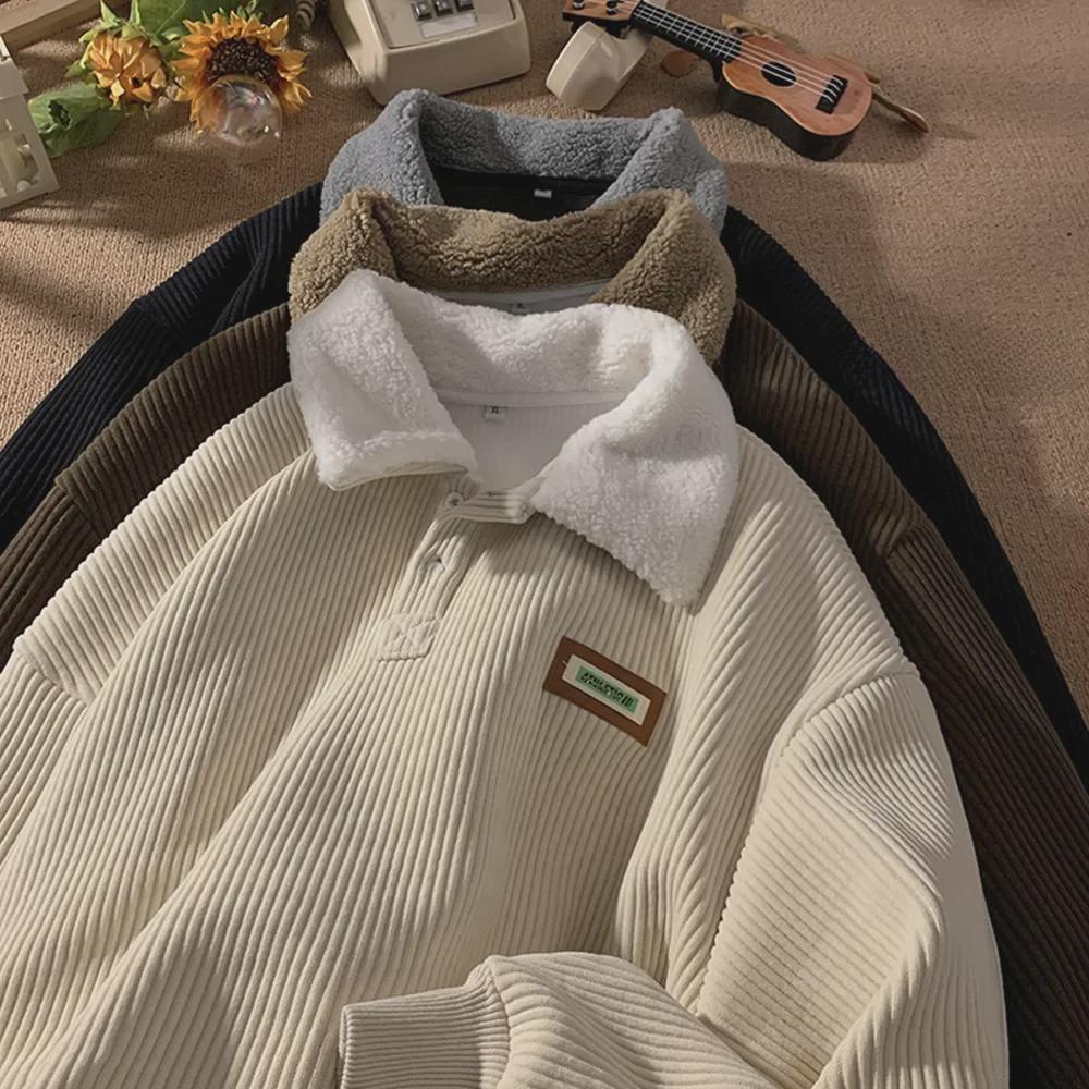 VantaGoods Heren Corduroy Polo Kraag Sweatshirt met Fluwelen Lamswol – Herfst/Winter Hong Kong Stijl XXL bruin