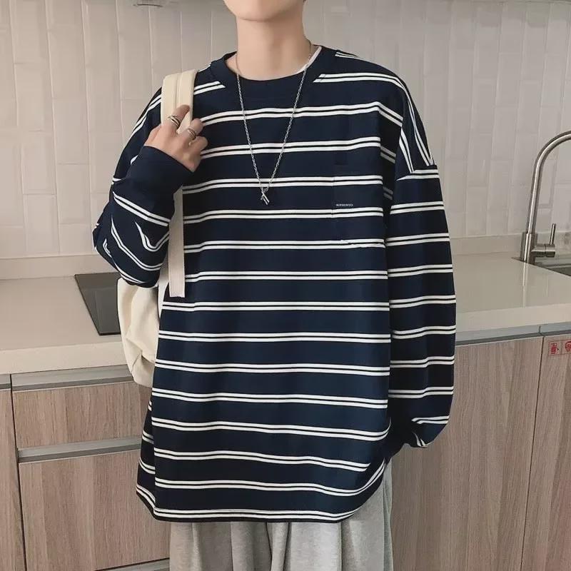 VantaGoods Trendy gestreepte trui met lange mouwen voor heren: Stijl in Hongkong, losvallend, veelzijdig voor lente en herfst. L zwart
