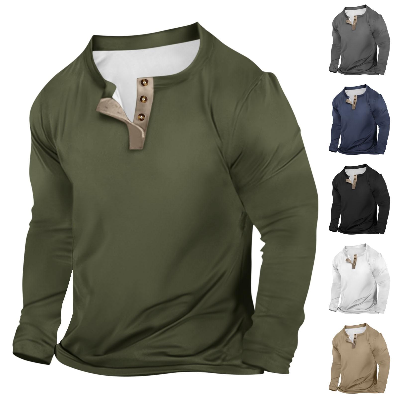 Wahaha123 Heren Outdoor Vintage V-hals Knoop Lange Mouw Mode Sport T-shirt L wit