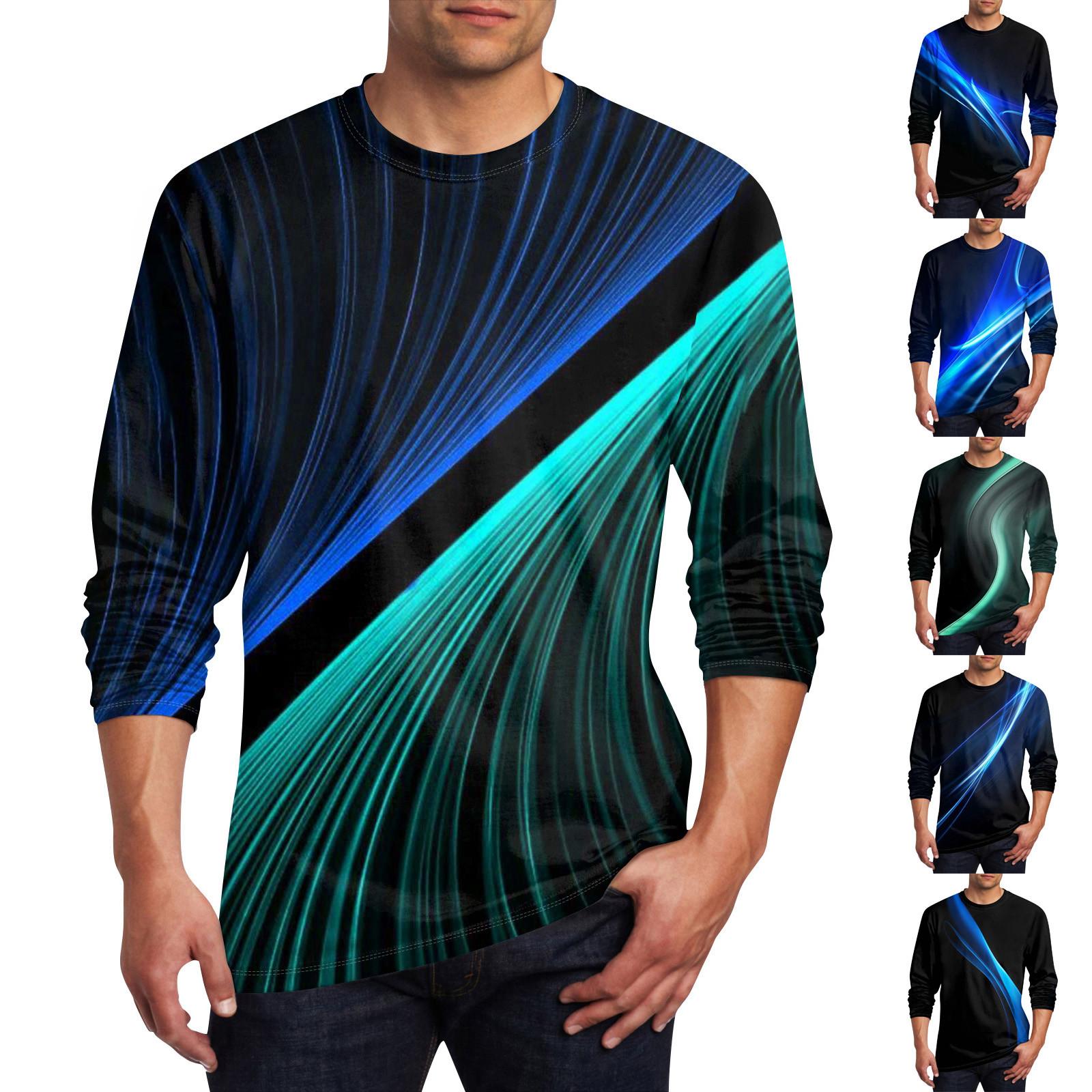 Wahaha123 Heren T-shirt O-hals Kleding Kleding Buiten Lange Mouw Print Modeontwerper Vintage XL сyaan