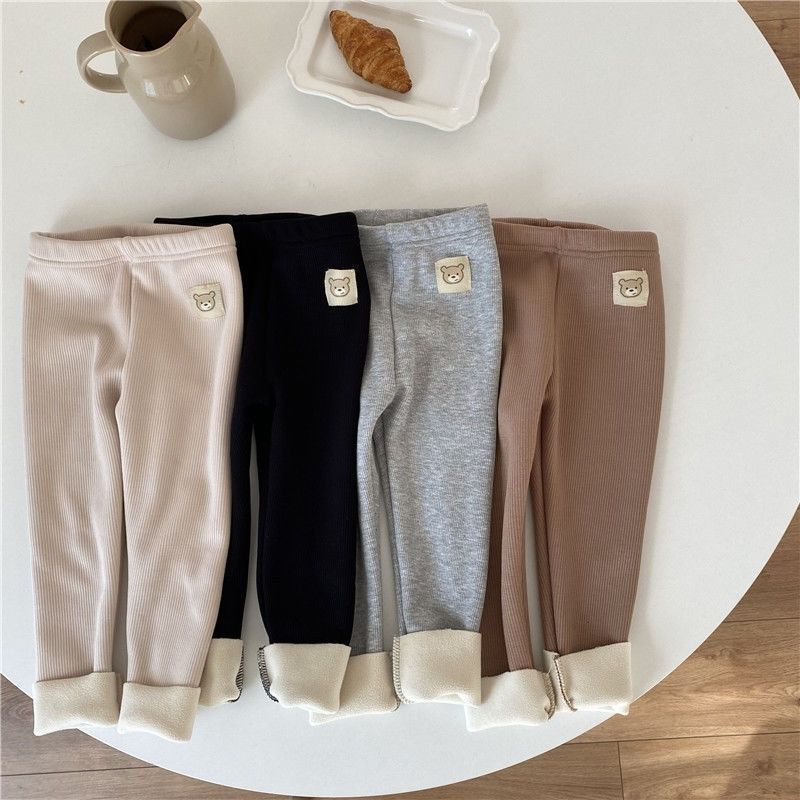 First Club Meisjes herfst en winter effen kleur verdikte onderkant broek schattige slanke warme broek 73 zwart