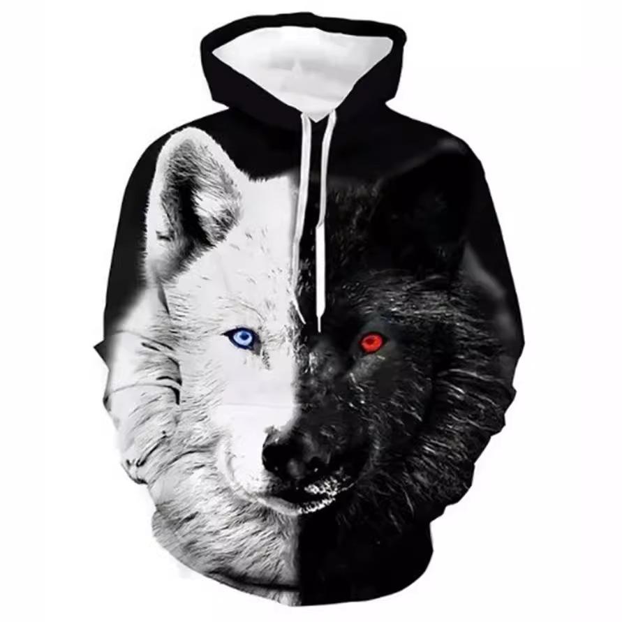Little red horse Lente- en herfstseizoen nieuwe straattrend wind 3D digitale wolvenkop print heren casual hoodie met lange mouwen 6XL