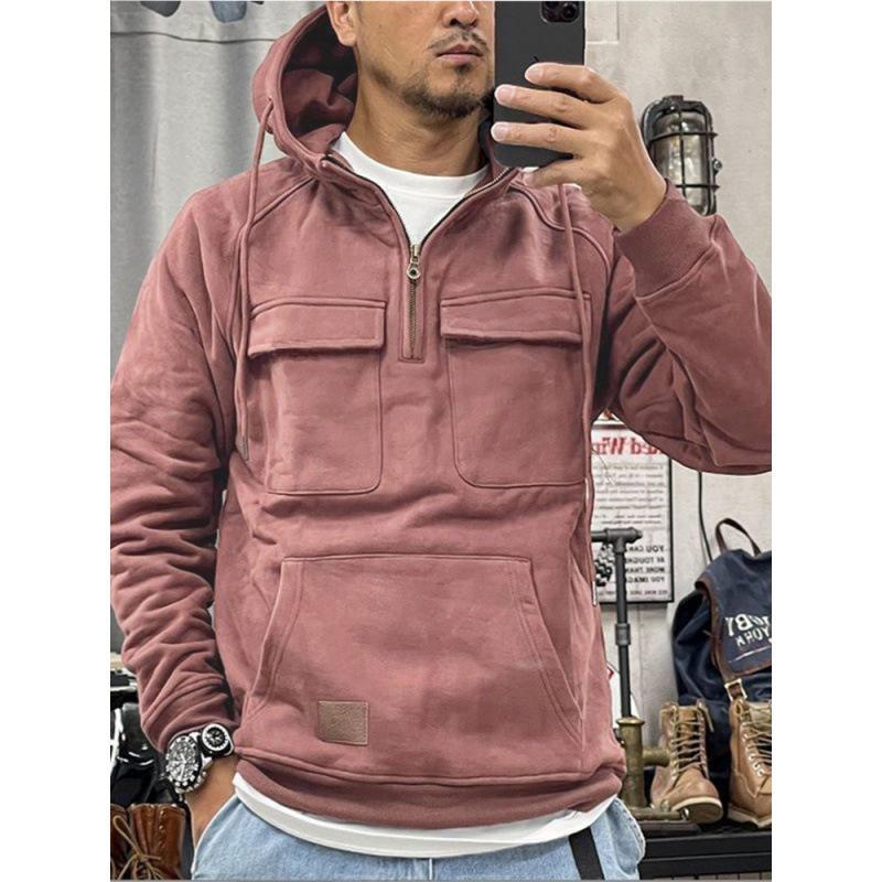 Top Men Wardrobe Herensweatshirt met capuchon en effen leren patch en meerdere zakken - Europese en Amerikaanse stijl, lente-/herfstcollectie. XXXL claret