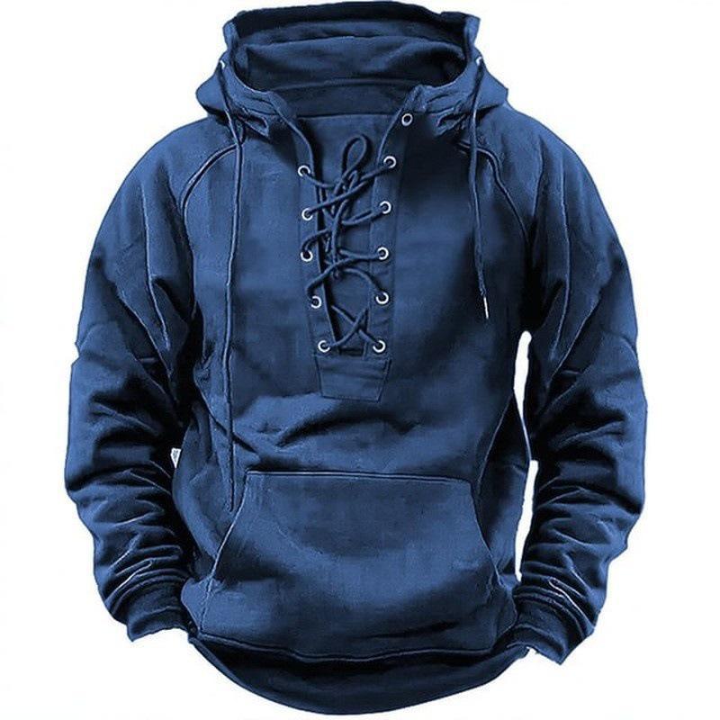 Top Men Wardrobe Heren retro veter-, capuchon- en lange mouwen T-shirt - grote maat, effen kleur, casual herfststijl. L kaki
