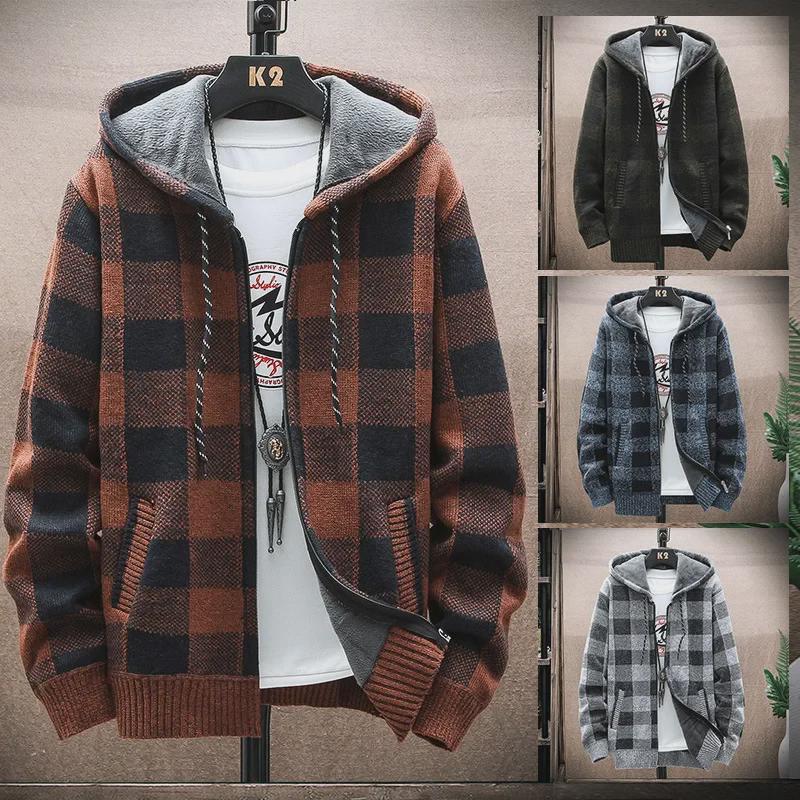 VantaGoods Heren Loose-Fit Capuchon Color Block Sweaterjack, Dikke gebreide cardigan voor herfst/winter Extra Large