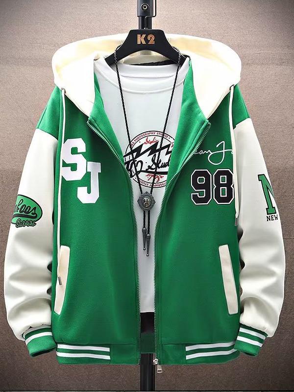VantaGoods 2023 Herfst Jeugd Color Block Capuchon Rits Cardigan voor Junior High School Studenten - Heren Dunne Jas Trui Extra Extra Large (XXL) groen