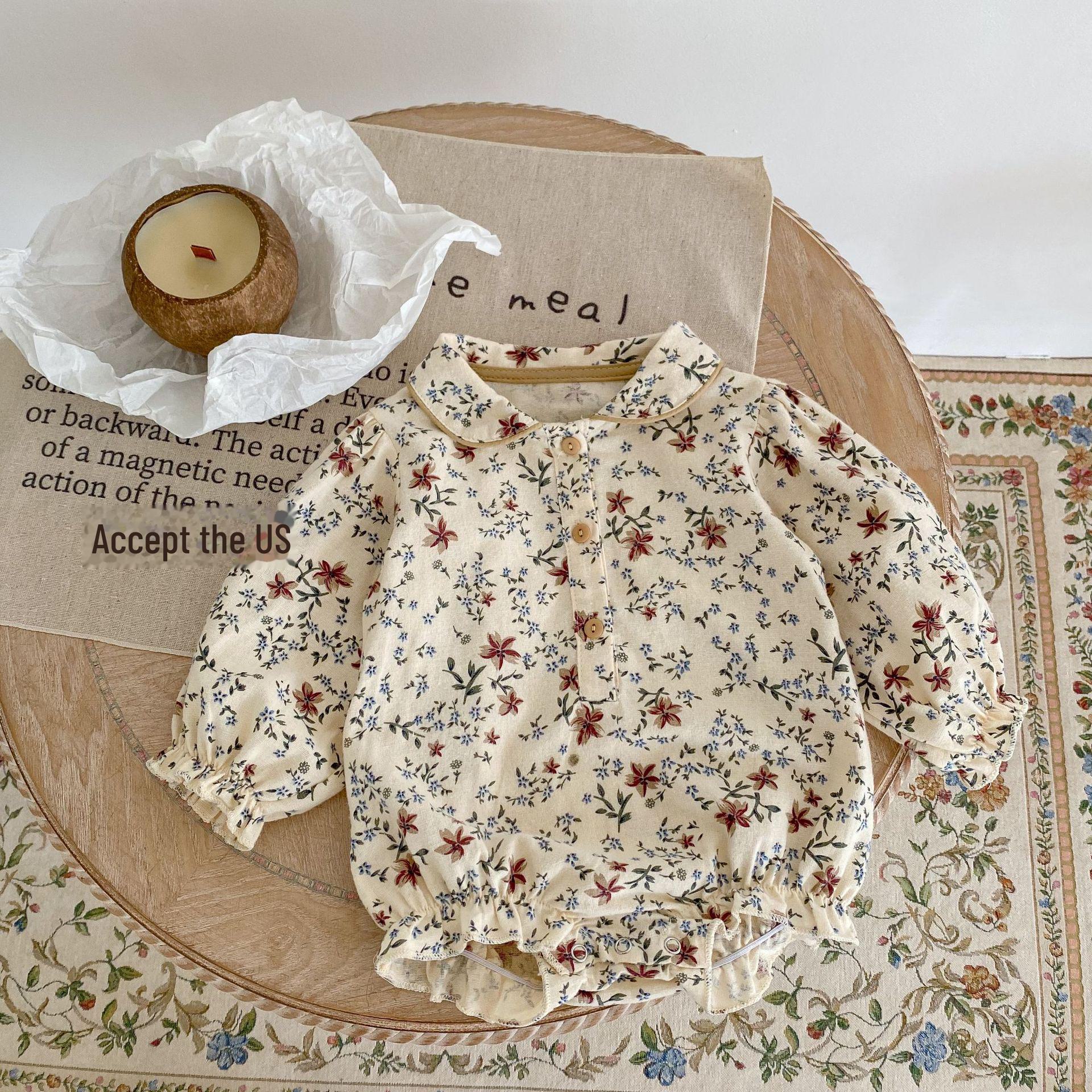 VantaGoods Herfst 2024 Babymeisje Katoenen Romper: Bedrukt, revers, pofmouwen, lange mouwen, losse pasvorm, driehoekig ontwerp voor kruipen. 90cm abrikoos